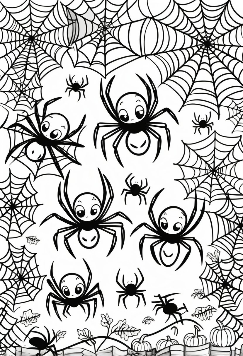 Halloween Coloring Pages for Kids Featuring 16 Cute and Friendly Characters and Scenes 31 A scene with multiple cartoon spiders hanging from spider webs surrounded by pumpkins, bats, and autumn leaves.